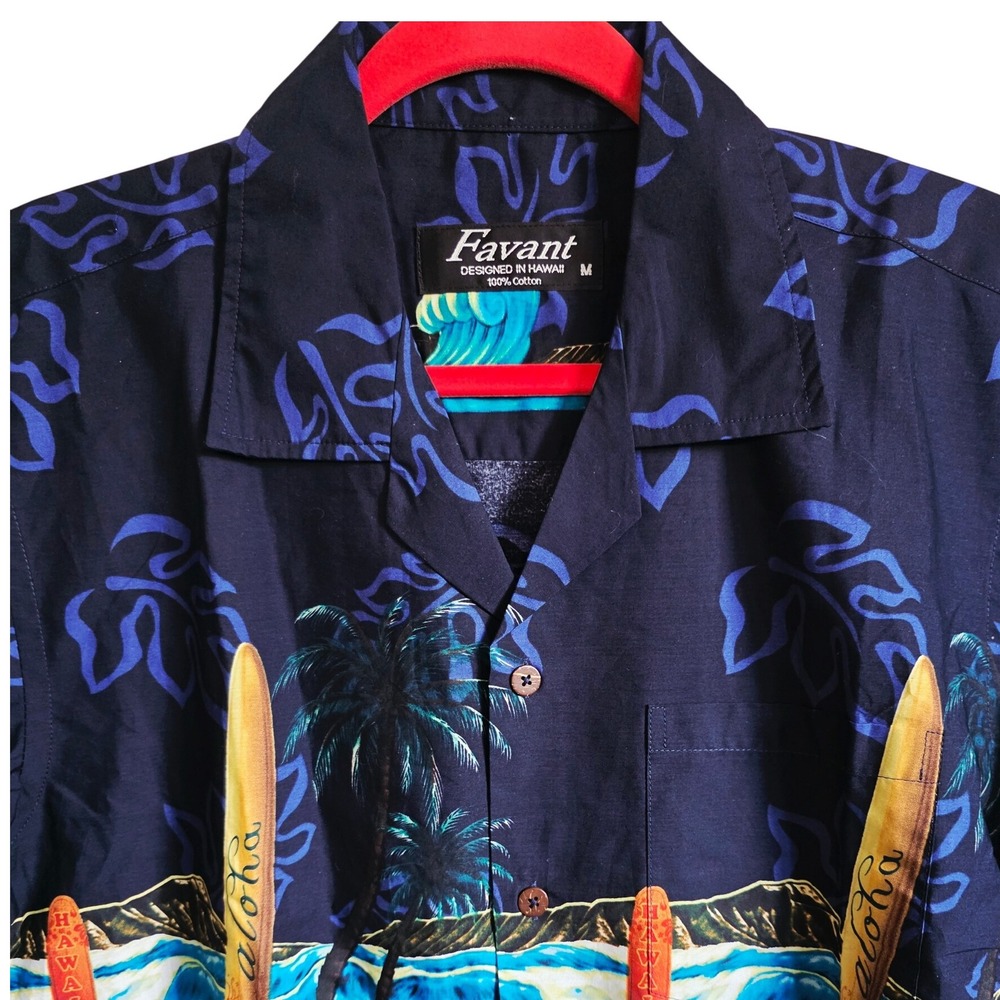 Favant Mens M Hawaiian Shirt Aloha Surfboard Palm‎ Tree Beach Print 100% Cotton